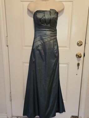 Jessica McClintock Strapless Metallic Teal-Gray Evening Gown Size 8 fits US 4